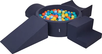 Obrázok produktu pre KiddyMoon Mäkké penové ihrisko pre deti s guľatým loptičkovým ihriskom (200 ∅ 7 cm) s mäkkými prekážkami a loptičkovým bazénom,  vyrobené v EÚ, Tmavomodrá:Svetlo zelená/Orange/Tyrkysová/M
