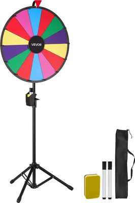 Produktbild von VEVOR Glücksrad Drehrad (61 cm) 14 Slots Glücksrad mit Stativ, höhenverstellbar, Lotteriespiele Gewinn-Roulette mit Tafelschwamm & 2 Markern, 6 Farben, ideal für Party Kneipe Messe Karneval
