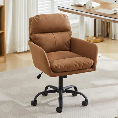 Produktbild von Bürostuhl aus Kunstleder, PolyurethanMaterial, schwarze Basis, höhenverstellbar, für Büro, Schlafzimmer, Schminktisch, bequem, in Braun