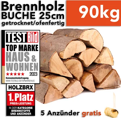 Produktbild von Brennholz Kaminholz Feuerholz Buche 90kg im Karton / 25cm Länge ofenfertig gesägt gespalten getrocknet (firewood beech / bois de chauffage hêtre) HOLZBRX