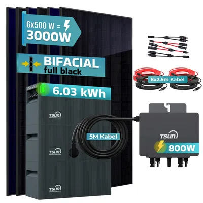Produktbild von SUNNIVA® 3000W Balkonkraftwerk mit 6,03 kWh Speicher TSUN SOLARCAN TSOL-DCU2000Lite, 6x 500W BIFAZIAL FULLBLACK komplett Steckdose, Solarspeicher