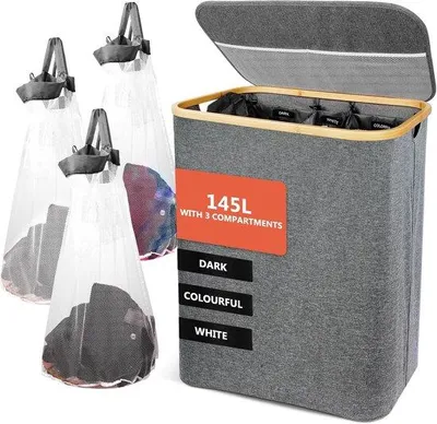 Produktbild von Famanu Wäschekorb 3 Fächer - Mit herausnehmbaren Taschen - Faltbar - Wäschebox