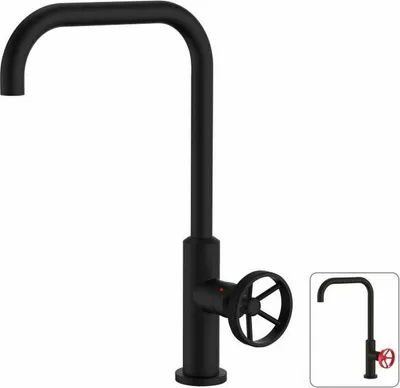 A black industrial-style faucet with a wheel-shaped handle is shown against a white background. A smaller inset image shows a similar faucet with a red handle.