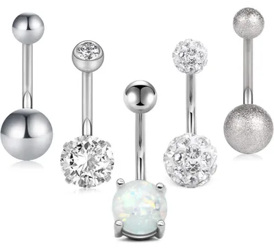 Image de Ensemble de piercings pour nombril, modèle barbell, 5 pièces, calibre 14, acier chirurgical 316L, argent, rose gold, zirconium