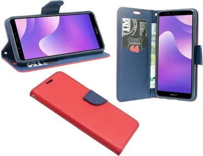 Produktbild von Elegante Buch-Tasche Hülle für HUAWEI Y7 2018 in Rot-Blau Leder Optik Fancy Wallet Book-Style Cover Schale