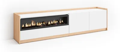 Produktbild von TV-Schrank, Lowboard, 207x37x50cm, Für TV-Geräte bis zu 80", Elektrokamin., Weiß und Eiche Soft