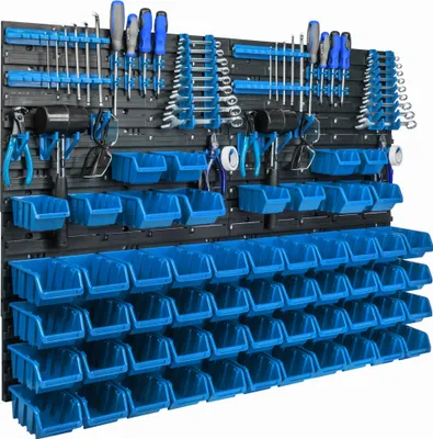 Produktbild von Lagersystem Wandregal 115x78cm, Werkzeughalterungen, 56 stck. Stapelboxen Schüttenregal Sichtlagerkästen, Extra Starke Wandplatten, Regal Erweiterbar, Werkstattregal Lagerregal Werkstattwandregal Ste