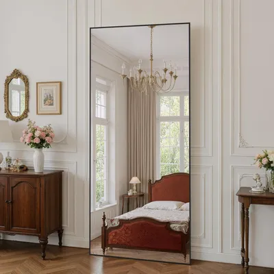 Image de Miroir de plein corps, 192 x 85 cm. Miroir sur pied avec support, en alliage d'aluminium, de couleur noire. Peut être debout ou adossé à un mur