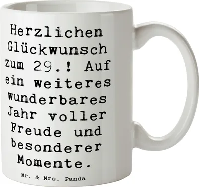 Produktbild von Mr. & Mrs. Panda Tasse Spruch 29. Geburtstag - Weiß - Geschenk, Geburtstagsgeschenk, Happy Birthday, Freude schenken, Geschenktasse, Vorfreude, Kaffeetasse, Becher