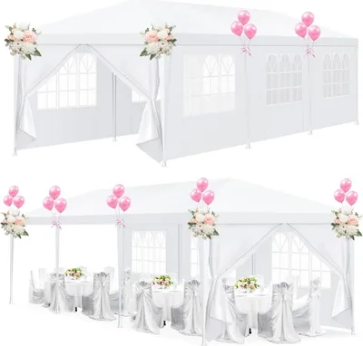 Produktbild von Gazebo Zelt, Wasserdichte Überdachung, Abnehmbare Seitenwände, Weiß   L-3x9m