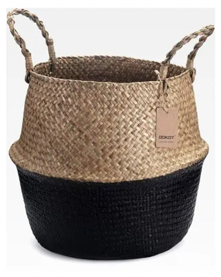 Produktbild von Seegras Korb Blumentopf Naturkorb Gewebt Wäschekorb mit Griff für Pflanzen und Spielzeugaufbewahrung (Schwarz)