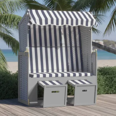 Produktbild von vidaXL Strandkorb mit Dach Poly Rattan und Massivholz Blau & Weiß