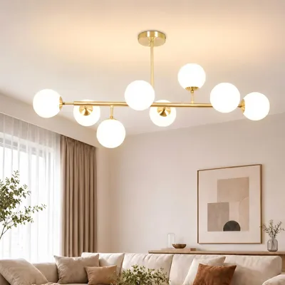 Produktbild von ZMH Deckenlampe 8 Flammig Wohnzimmer Deckenleuchte Schlafzimmer 105cm Vintage G9 Gold Wohnzimmerlampe Glaskugel für Büro Kinderzimmer Flur Esszimmer