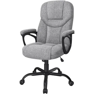 A gray office chair with black accents is shown against a white background.