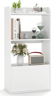 A white bookshelf with decorative items on its shelves.