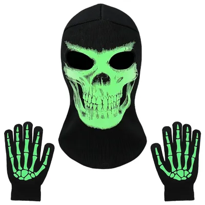 Halloween-Maske mit Handschuhen, leuchtend, Totenkopf, Grusel-Maske