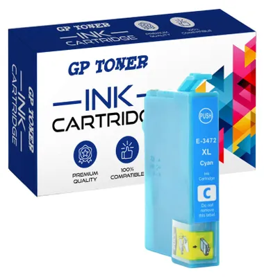 A cyan ink cartridge is shown next to its packaging.