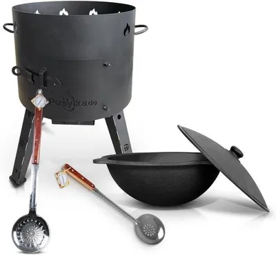 Produktbild von Gusseisen-Kazan 16L Set mit Deckel und Schaumkelle - Für Feuerstelle und Camping