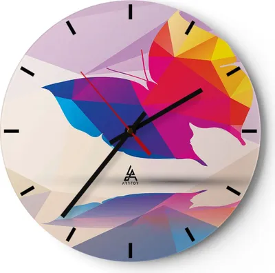 Produktbild von Wanduhr - Rund - Glasuhr - Schmetterling Illustration Grafik - 30x30cm - Schleichendes Uhrwerk - Lautlos - zum Aufhängen bereit - Dekoration Modern - Wanddekoration aus Glas - C3AR30x30-2806
