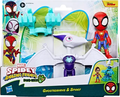 The image shows the packaging of a Spidey and His Amazing Friends toy set, featuring Ghostasaurus and Spidey figures.