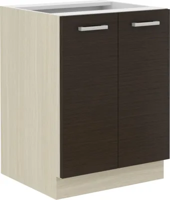A studio shot of a two-door base cabinet with a plinth.