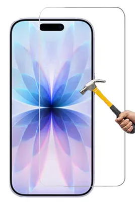 A screen protector for a smartphone is shown being tested with a hammer.