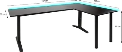 A black L-shaped gaming desk with blue LED lighting along the top edge, shown from a slightly elevated angle.