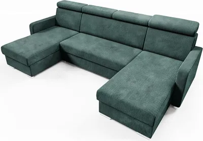 Zdjęcie produktu dla LIKMA Narożnik 274 cm Butelkowa Zieleń Rozkładany MAKO Kształt U z Funkcją Spania (254x125 cm) i Pojemnikiem na Pościel Sofa z Regulowanymi Zagłówkami