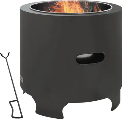 Image de Outsunny Brasero sans fumšŠe foyer š€ bois extšŠrieur rond portable en mšŠtal avec pot intšŠrieur en acier inoxydable tisonnier poignšŠes rainuršŠes - diamšštre 45 cm - noir