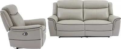 Produktbild von 3-Sitzer Sofa und Sessel mit elektrischer Relaxfunktion in hellgrauem Leder - ADELIO