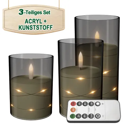 Image de LILIIN, ensemble de 3 bougies LED sans flamme, avec mèche 3D en acrylique, guirlande lumineuse en forme d'étoiles, télécommande, minuterie, couleur gris mat
