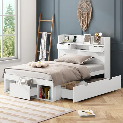 Produktbild von STILVORA Einzelbett 90x200 cm mit USB-Port und Stauraum, Kinderbett mit Schubladen und Stauschrank, Jugendbett multifunktional, Weiß(ohne Matratze)