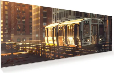 Produktbild von Glasbild 100x40cm in XXL für Wohnzimmer, Schlafzimmer Motiv Stadtzug Sonnenuntergang