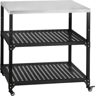 A three-tier rolling cart with a stainless steel top and perforated shelves, shown against a white background.