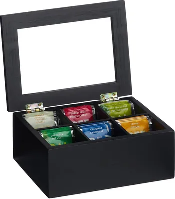 Productafbeelding van Theedoos - 6 vaks - Bamboe - 9x21,5x16 cm - Thee & koffiepads - Theebox - Deksel tegen stof - Zwart