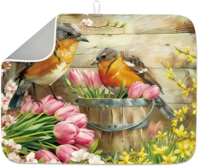 Produktbild von Vintage Geschirr Abtropfmatte mit Blumen und Vögeln für die Küche