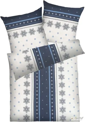 Produktbild von Dyckhoff Weichfrottier Bettwäsche Garnitur Schneeflocke mit Reißverschluss, Grau-Blau 135 x 200 + 80 x 80 cm