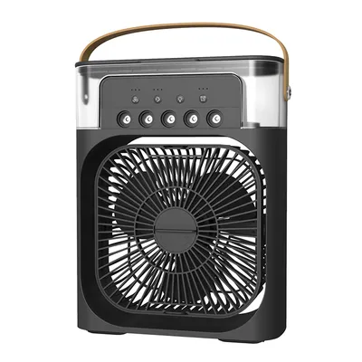 A black portable USB fan with a water tank and control panel on a white background.