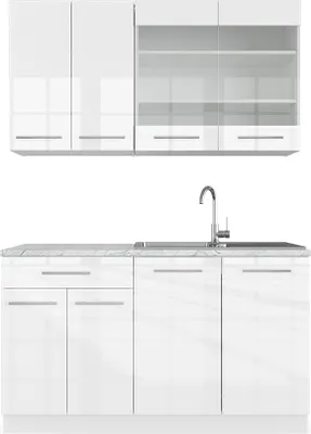 A white, high-gloss kitchen unit with upper cabinets and a lower cabinet with a sink and faucet.