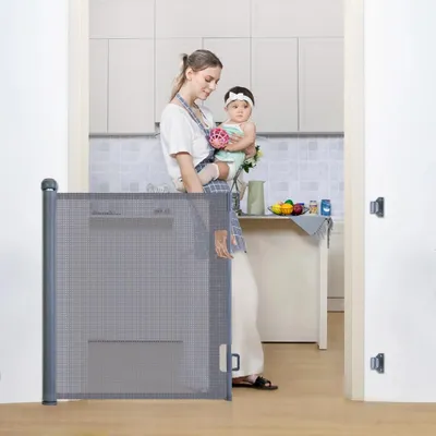 Obrázok produktu pre Sieťová bezpečnostná zábrana pre schody – detská bezpečnostná sieť – vhodná pre schody a dvere – šírka 180 cm – PVC – ovládanie jednou rukou – sivá farba
