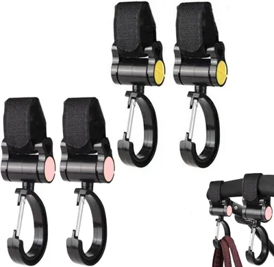Produktbild von 4 Stück Kinderwagen-Taschenhaken - Kinderwagenhaken - Buggy-Clips - 360° drehbar - Für Buggys/Kinderwagen/Buggys – Schwarz