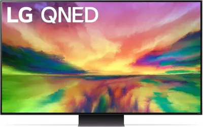 A front view of an LG QNED television displaying a colorful abstract image.