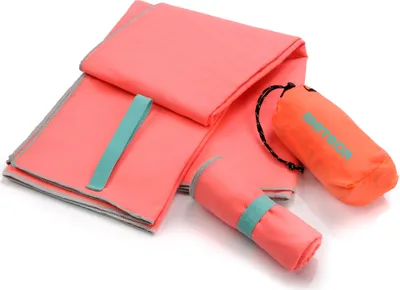 A folded and rolled up microfiber towel with a storage bag.
