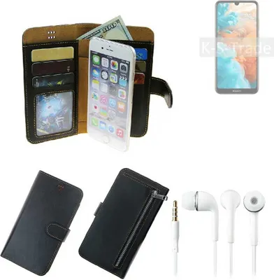 Produktbild von TOP SET Handy Hülle Schutz Hülle kompatibel mit Huawei Y6 Pro 2019  schwarz aus Kunstleder + Kopfhörer Smartphone Tasche vollwertige Geldbörse