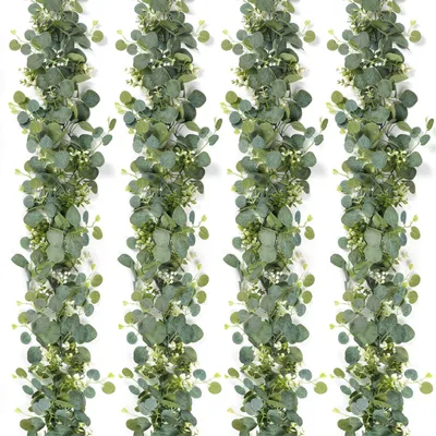 Produktbild von 4 künstliche Eukalyptuskränze mit Weidenblättern, grünen Blättern und weißen Blüten, künstliche Pflanze, Hängepflanze für Hintergrund, Hochzeitsdekoration, Tischläufer, Tischdekoration