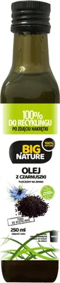 A bottle of black cumin oil with product information and branding.