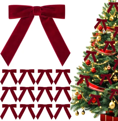 Image de Décorations pour sapin de Noël, 12 nœuds de couleur rouge vin, décorations festives, pour sapin de Noël