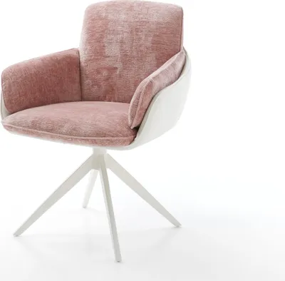 Produktbild von DELIFE Drehstuhl Luan-Flex mit Armlehnen Materialmix Echtleder Weiß-Rosé Kreuzgestell breit Weiß 360° drehbar Wippfunktion