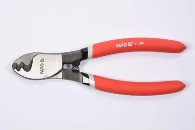 A pair of red-handled wire cutters against a white background.