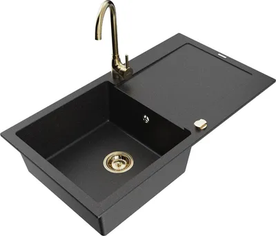 Produktbild von Mexen Leo 1 Becken-Granitspüle mit Abtropffläche und Mischbatterie Telma, Schwarz/Silbermetallic - 6501-73-670200-50
